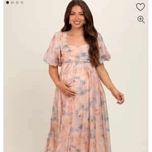 Peach Floral Puff-Sleeve Maxi Dress